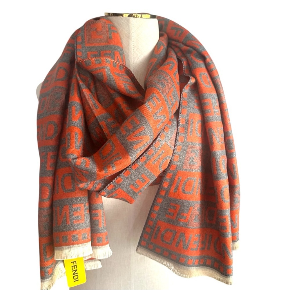 NWT Fendi Deep Orange & Slate Gray Cashmere Silk Blend Scarf Shawl Wrap 26”x76” - Picture 5 of 8